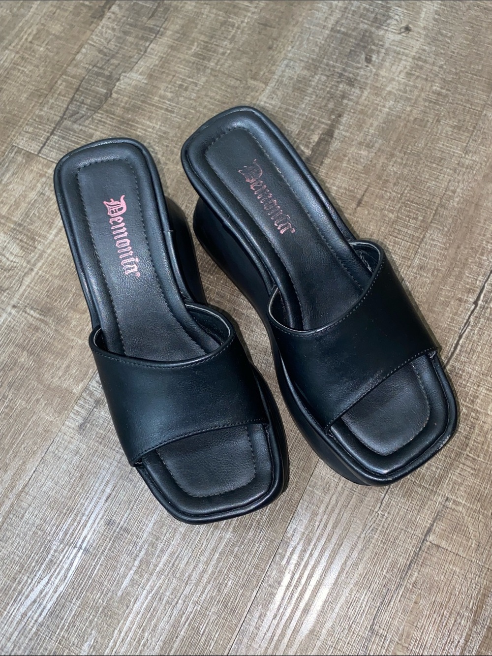 Demonia Black Square-Toe Slide Mules with Padded Footbed